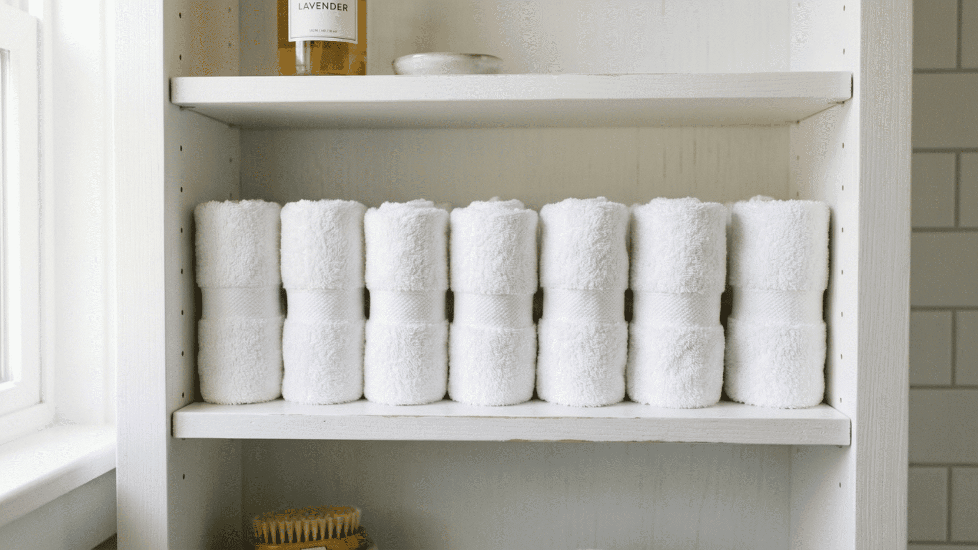 small white towels rolled up and standing vertically in a neat row on a bathroom cabinet shelf