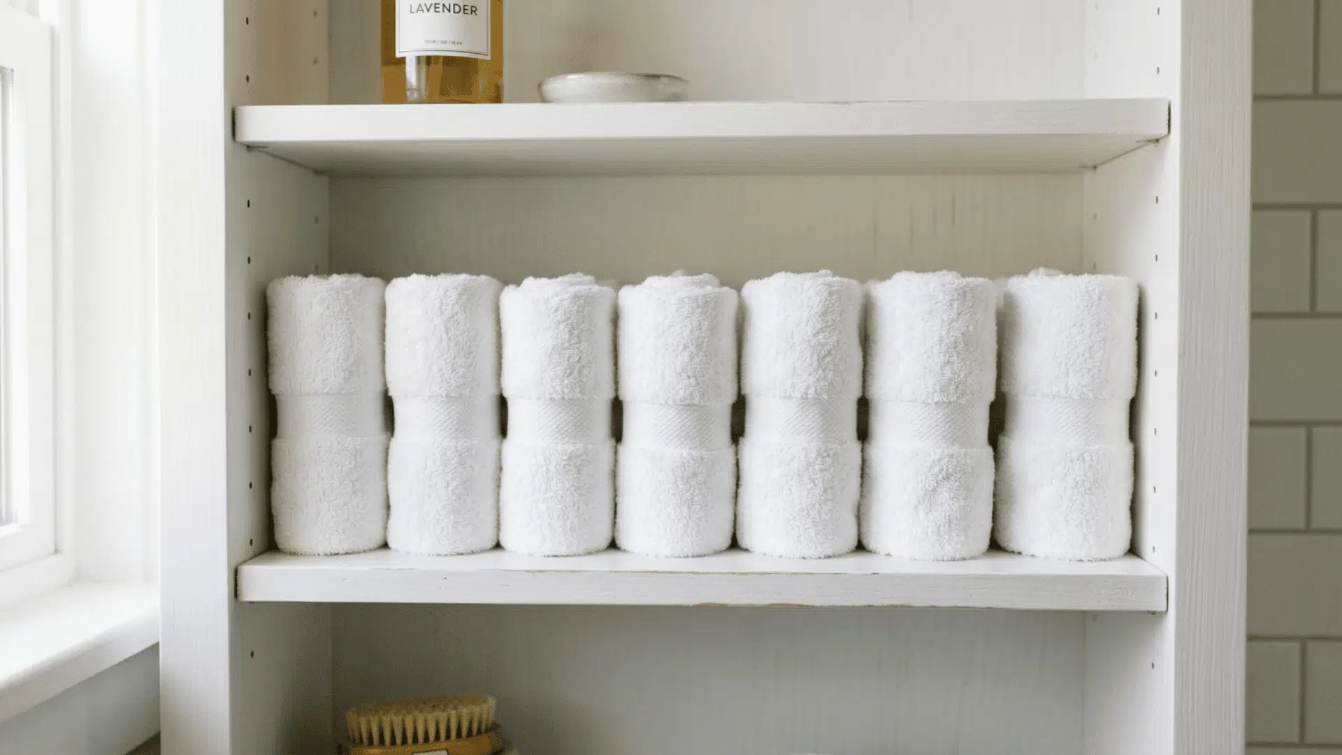 small white towels rolled up and standing vertically in a neat row on a bathroom cabinet shelf