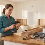 Woman using cordless drill in modern kitchen under renovation with tools and paint cans on counter