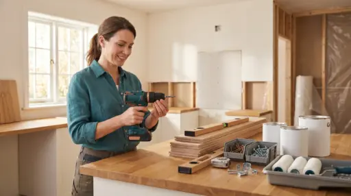 Woman using cordless drill in modern kitchen under renovation with tools and paint cans on counter