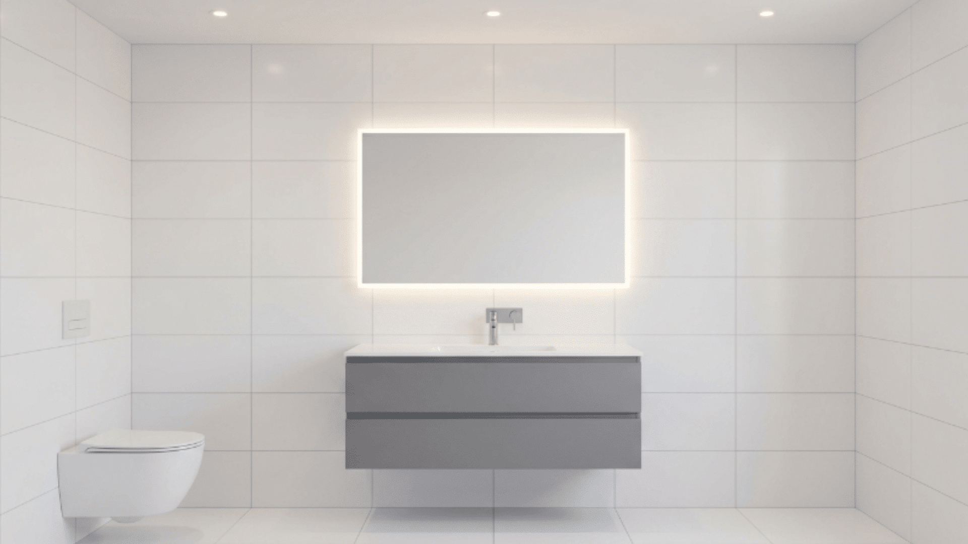 smart tech guest bathroom with led mirror floating vanity clean surfaces front view
