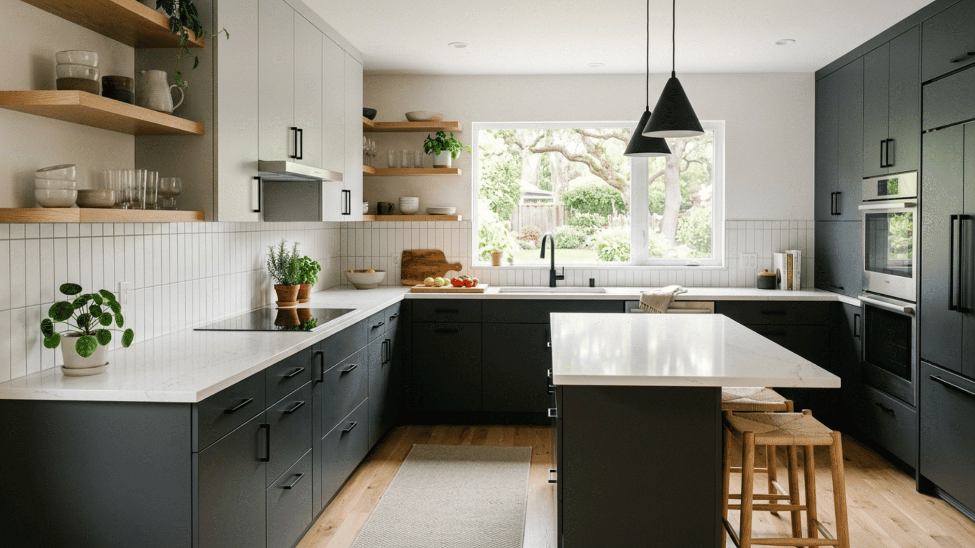 soft gray upper cabinets with charcoal lowers give a calm modern kitchen with subtle contrast and depth