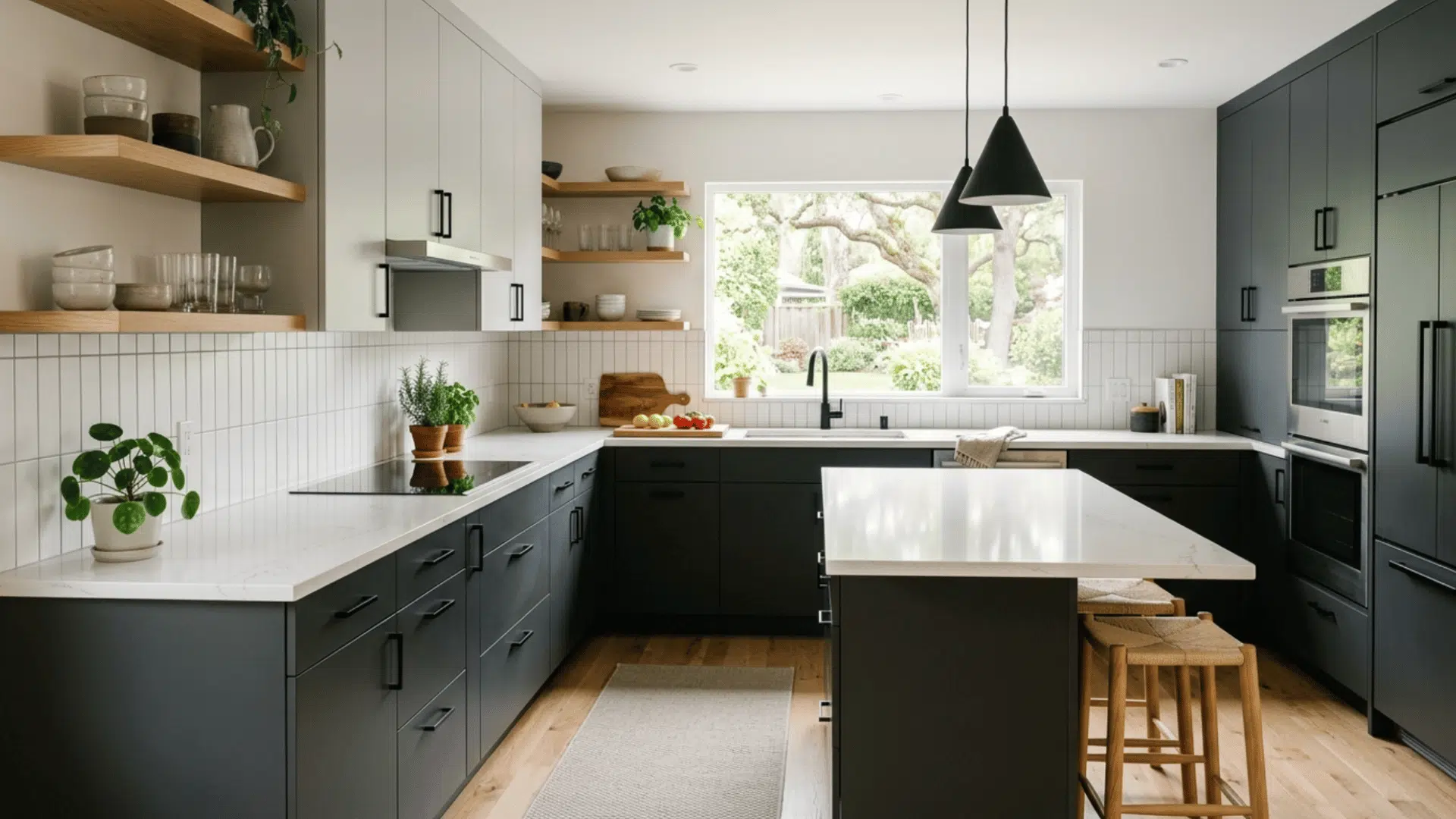 soft gray upper cabinets with charcoal lowers give a calm modern kitchen with subtle contrast and depth