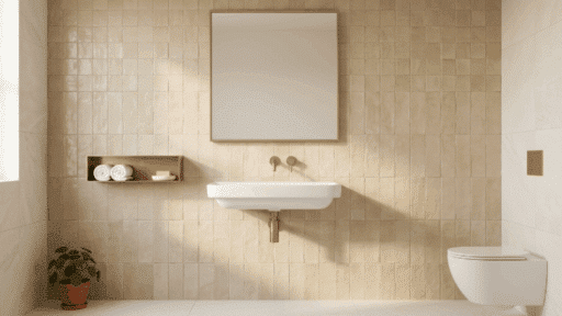 soft linen neutral guest bathroom with beige tiled walls floating white basin brass fixtures clean minimal space front view