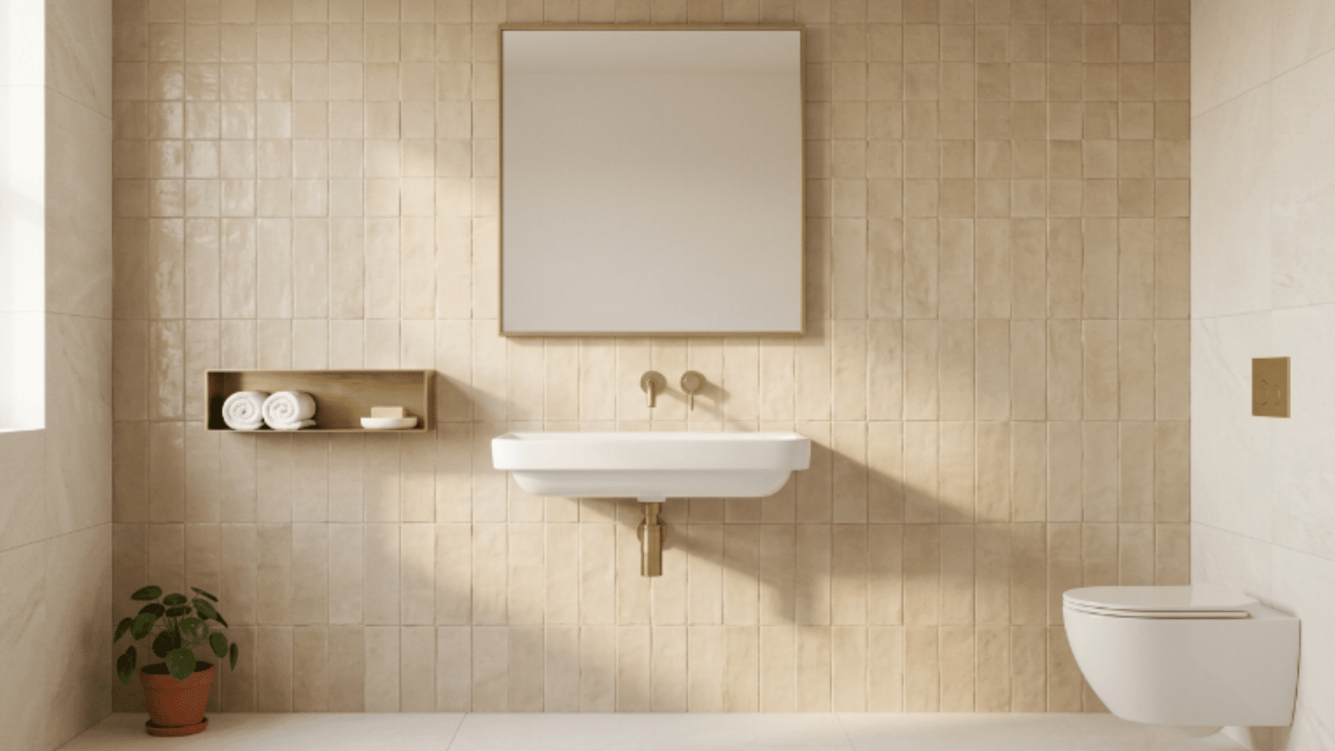 soft linen neutral guest bathroom with beige tiled walls floating white basin brass fixtures clean minimal space front view