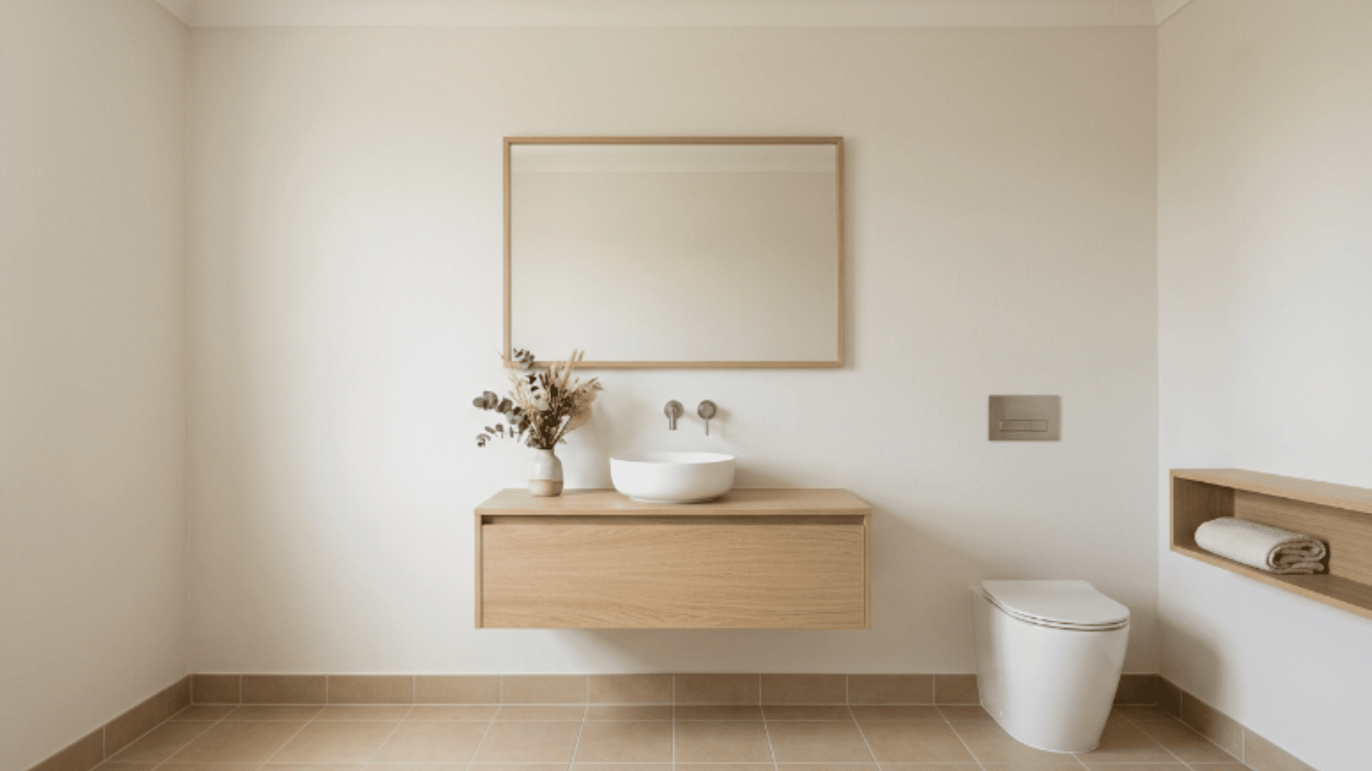 soft linen neutral guest bathroom with warm tones wood accents calm clean space front view