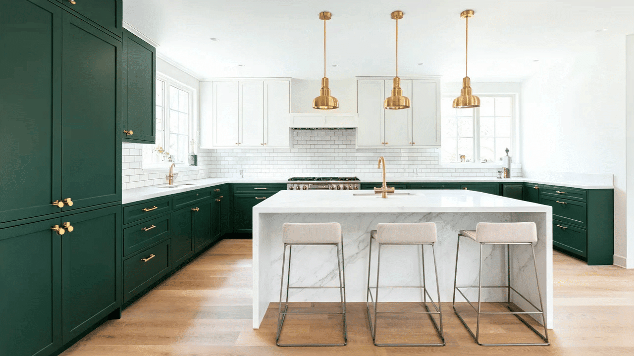spacious kitchen with dark green lower cabinets white upper cabinets and island