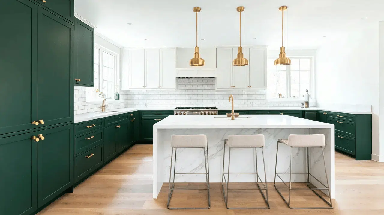 spacious kitchen with dark green lower cabinets white upper cabinets and island