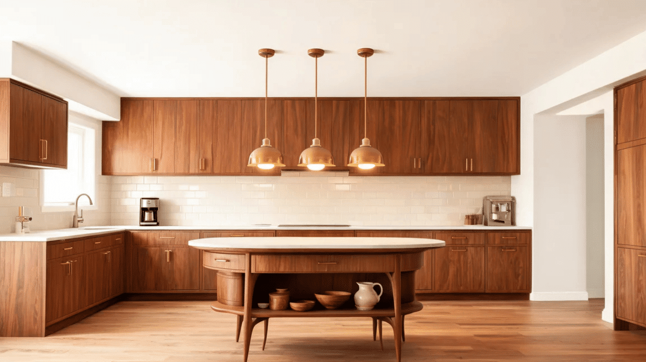 spacious wooden kitchen with central round island and three gold pendant lights
