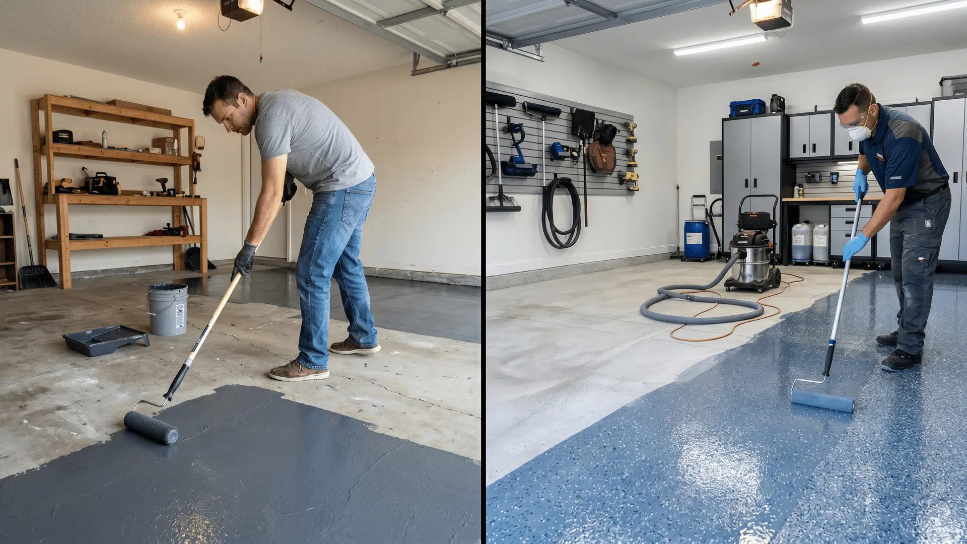 split image showing diy garage floor coating and professional installation setup