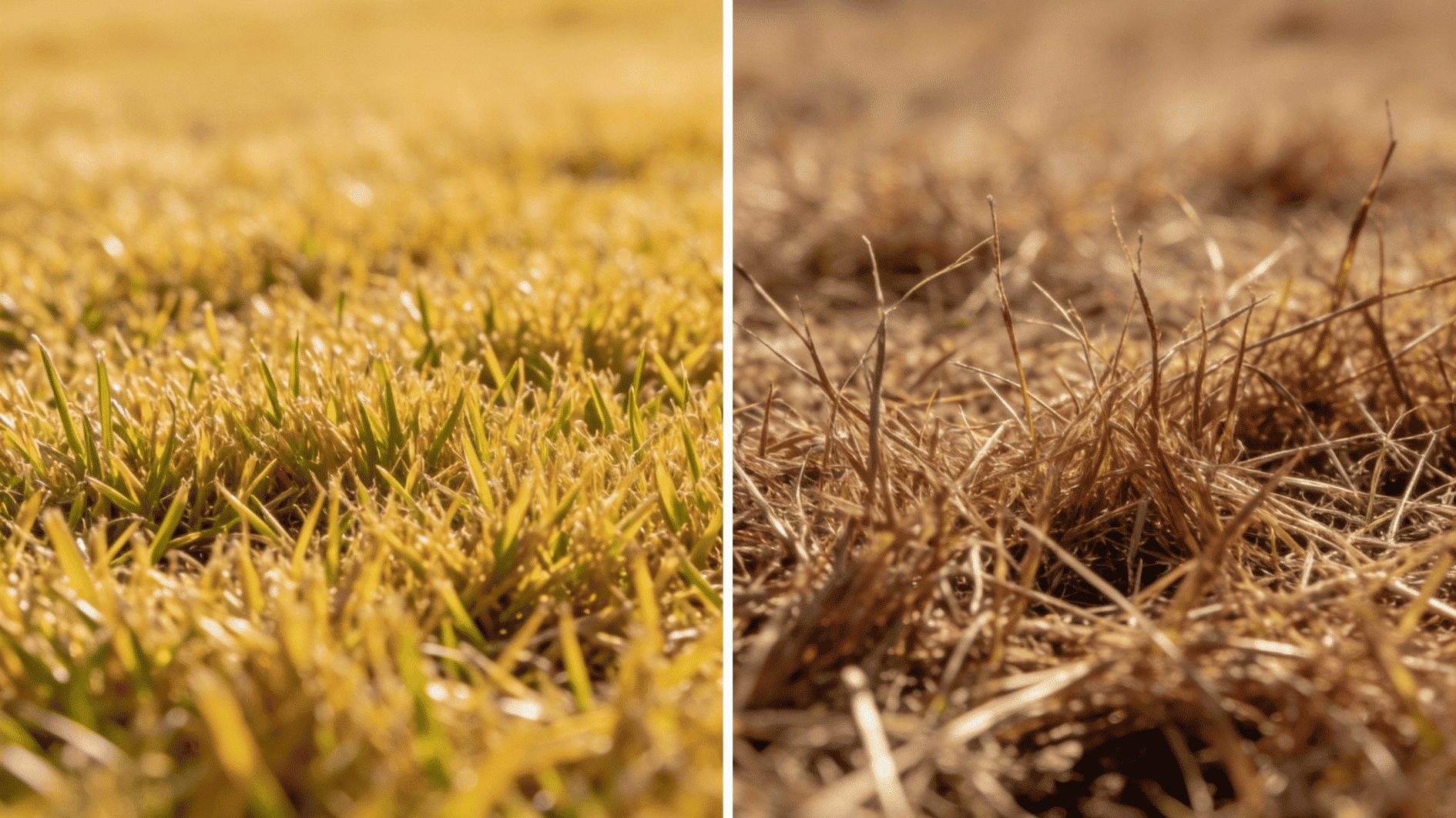split image showing healthy dormant turf vs dead dry grass, highlighting color and texture differences in close-up lawn view