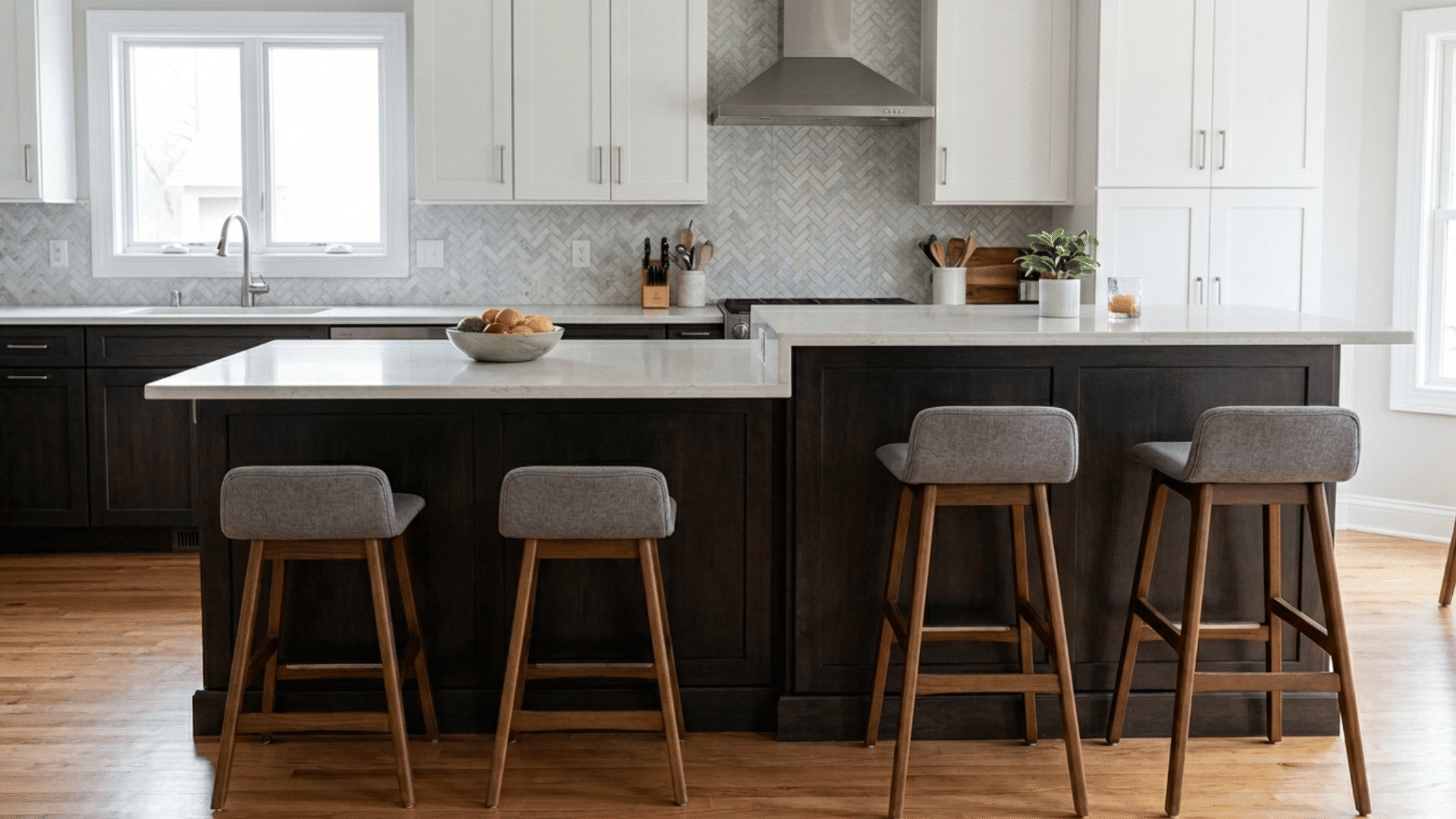 Split-level kitchen island combining counter height and bar height seating with different stool heights in one space