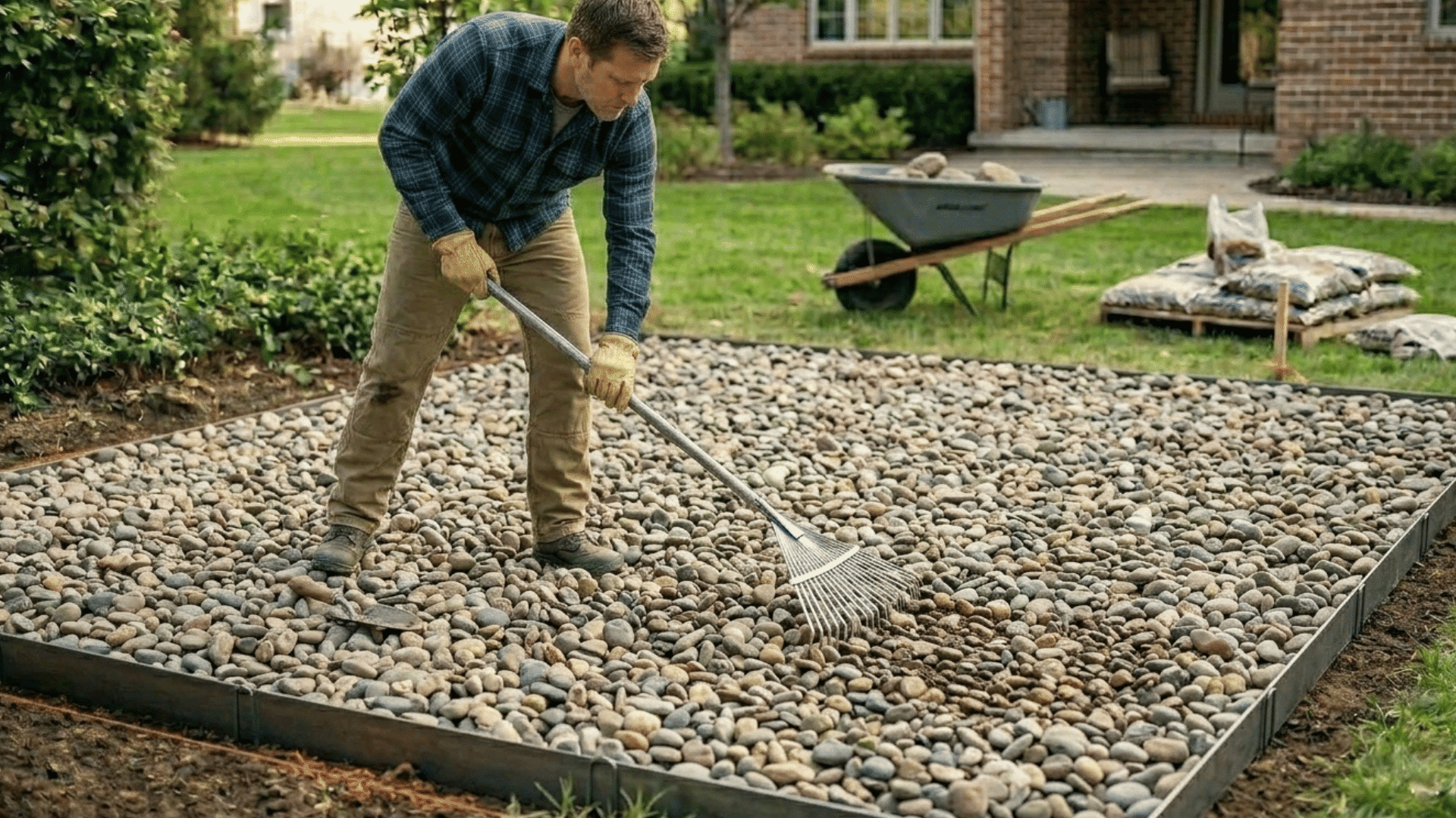 spreading river rocks evenly across prepared area using rake.