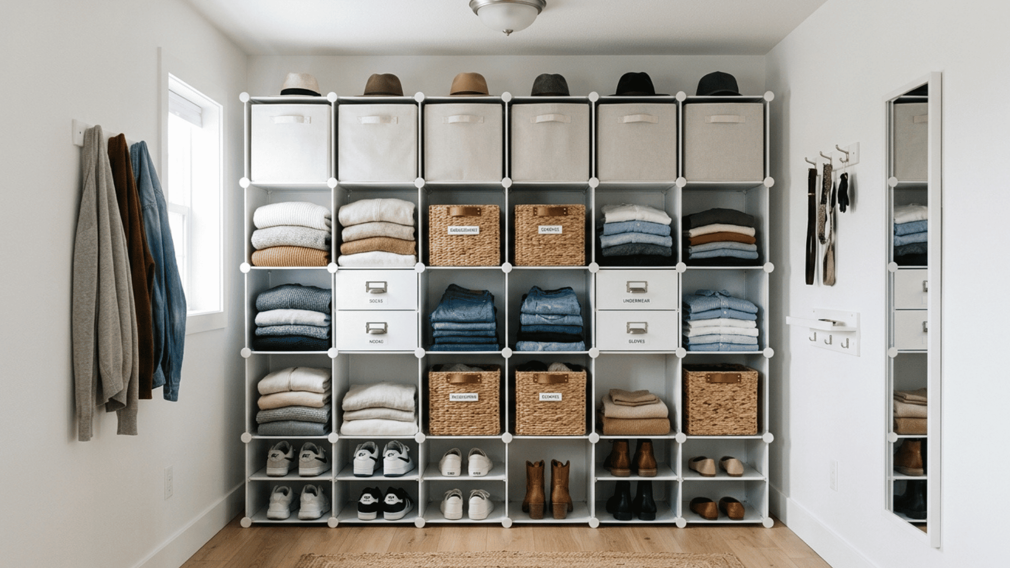 stackable modular cube units customized with baskets and drawers as a flexible DIY small closet organization solution.