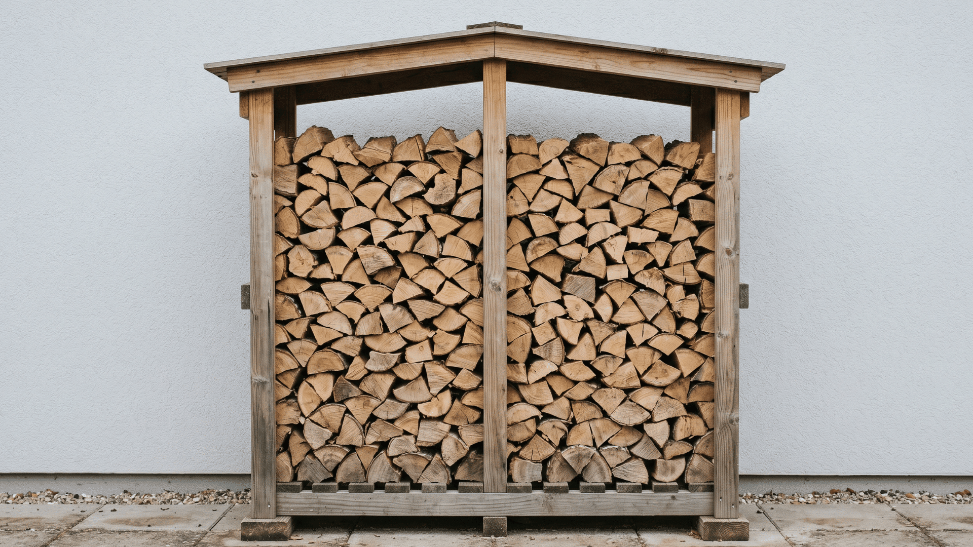 stacked firewood stored in a simple rack in a clean space