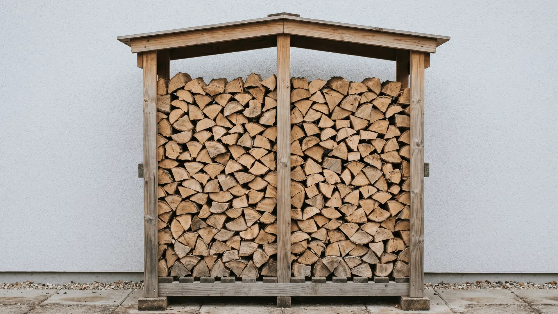 stacked firewood stored in a simple rack in a clean space