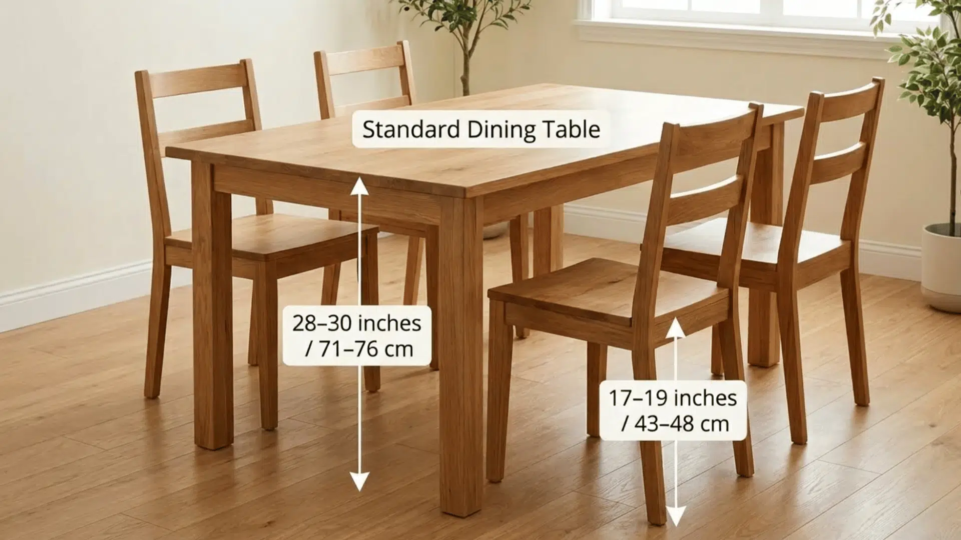 standard dining table with chairs showing 28–30 inch table height and 17–19 inch chair height measurements (1)