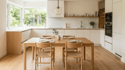 standard kitchen table height with mixed seating in a light filled dining room (1)