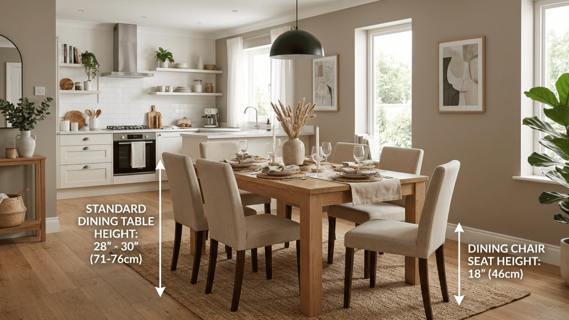 standard kitchen table height with wooden dining table and chairs in a bright white modern kitchen