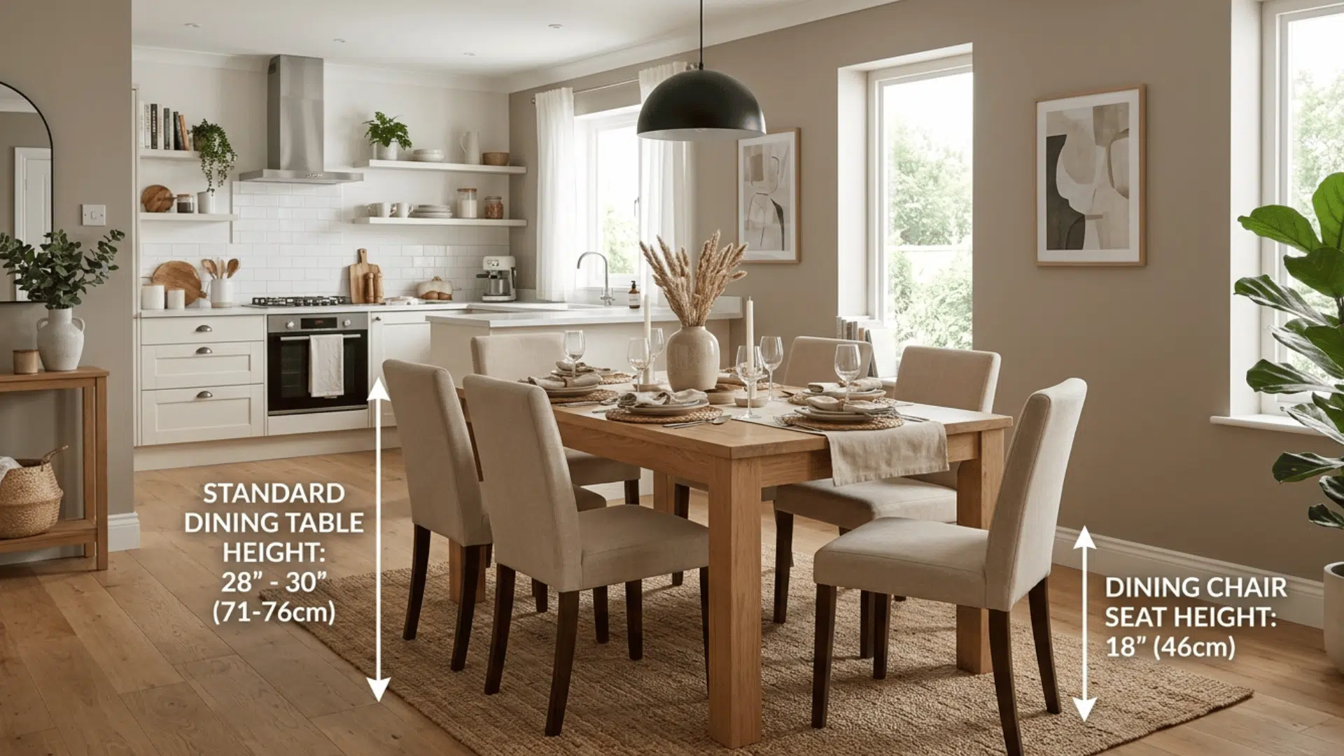 standard kitchen table height with wooden dining table and chairs in a bright white modern kitchen