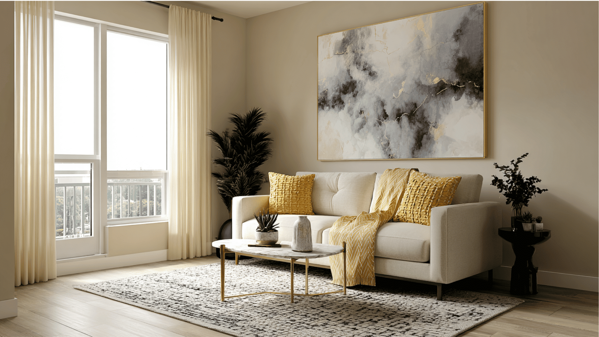statement wall art acting as focal point in a small living room