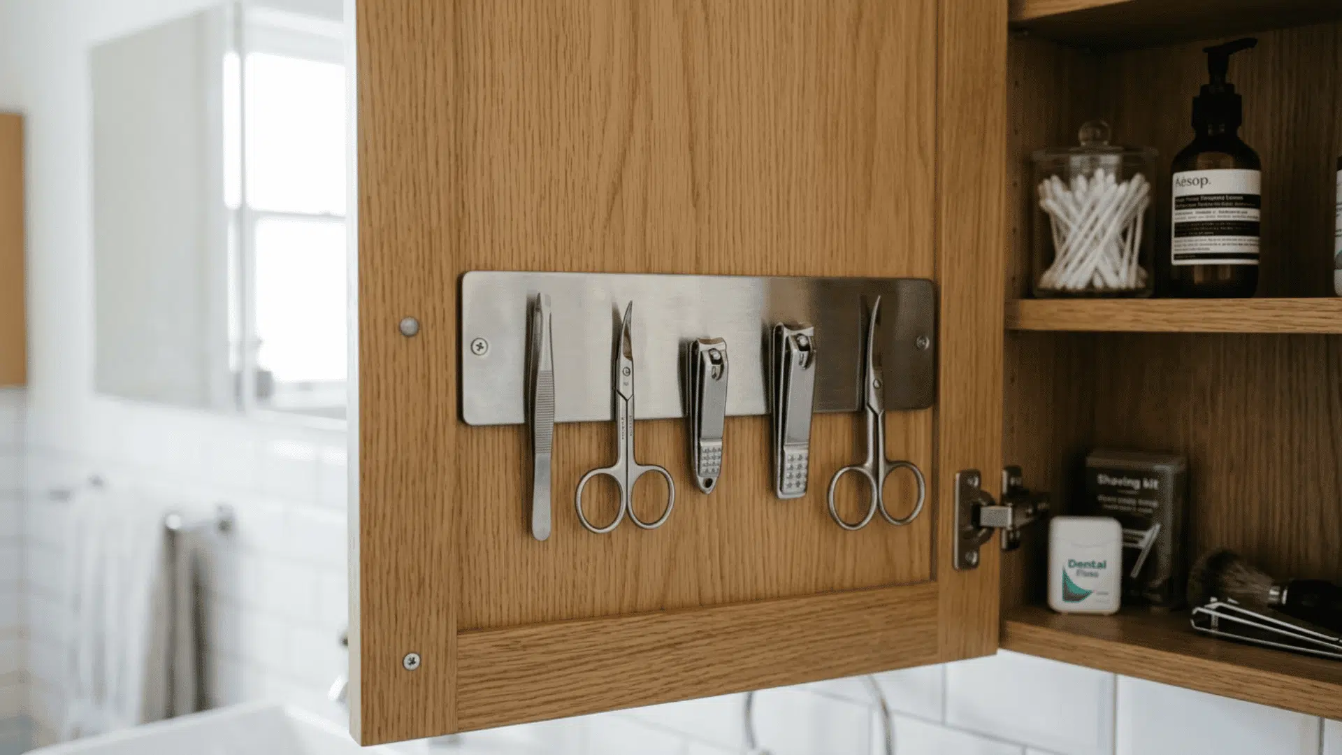 strip on the inside of a bathroom cabinet door holding tweezers nail clippers and small scissors in a row