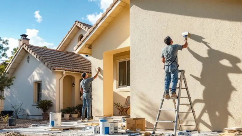 Painters applying fresh paint to house exterior in sunny residential neighborhood