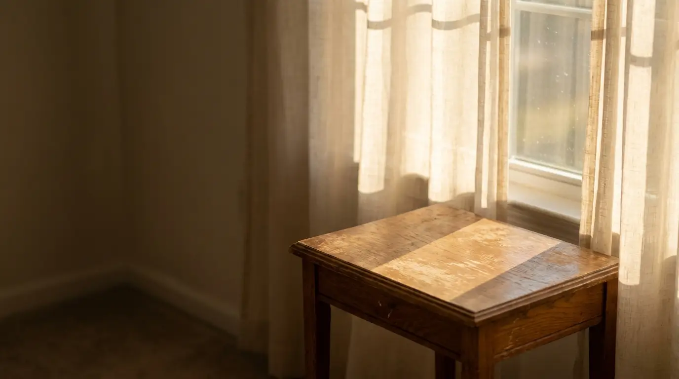 Wooden side table near window with sheer curtains in natural light