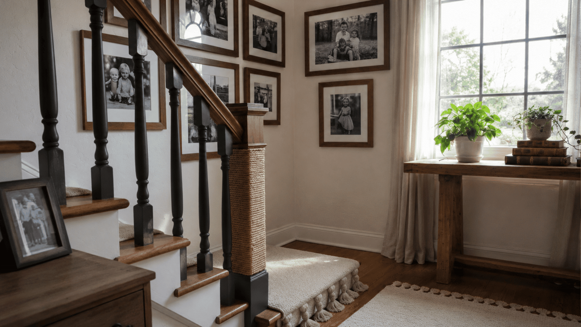 sunlit staircase with framed family photos rustic table and plants beside tall arched window