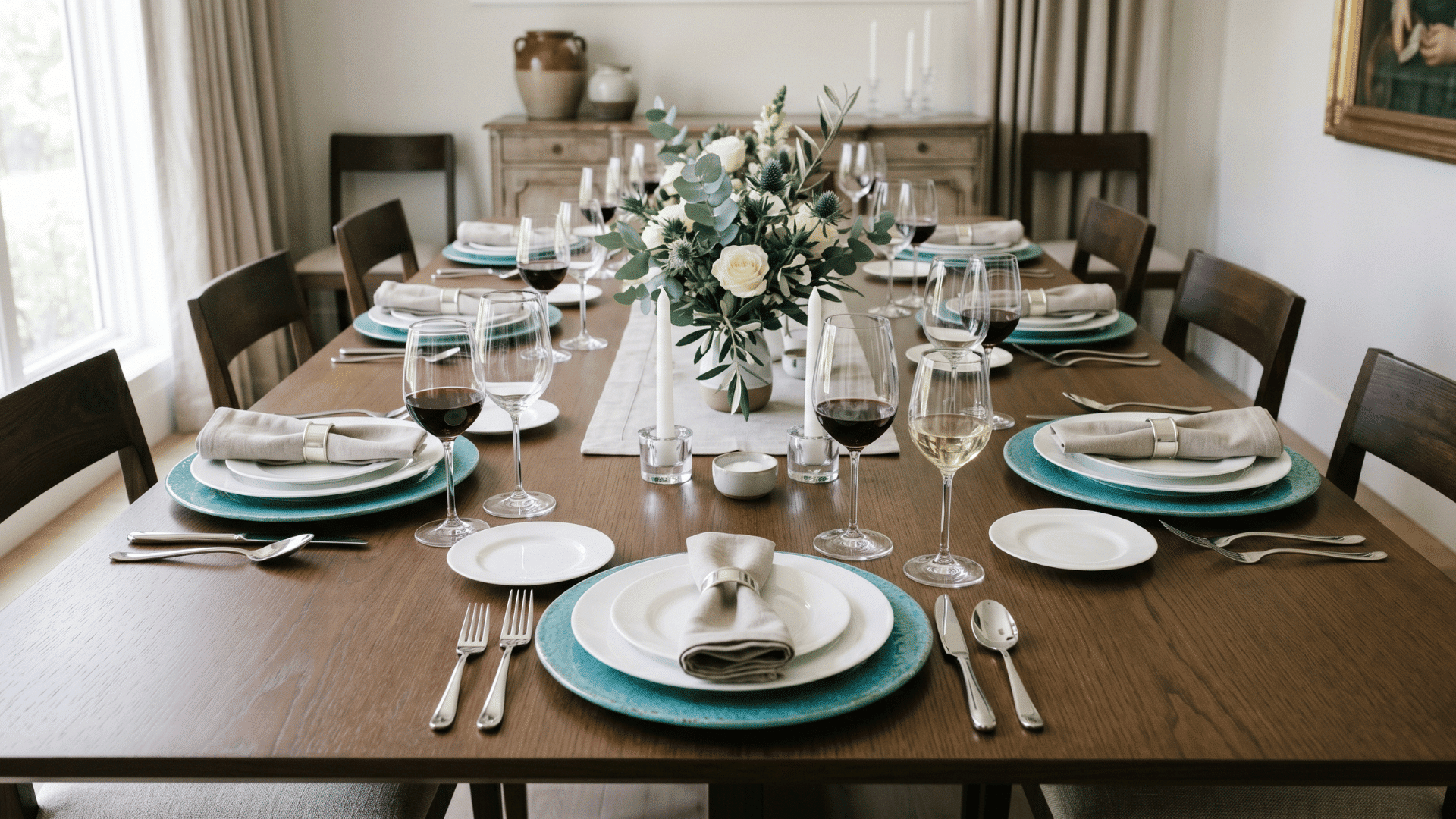 table with charger plates, white plates layered, neat napkins, minimal center decor