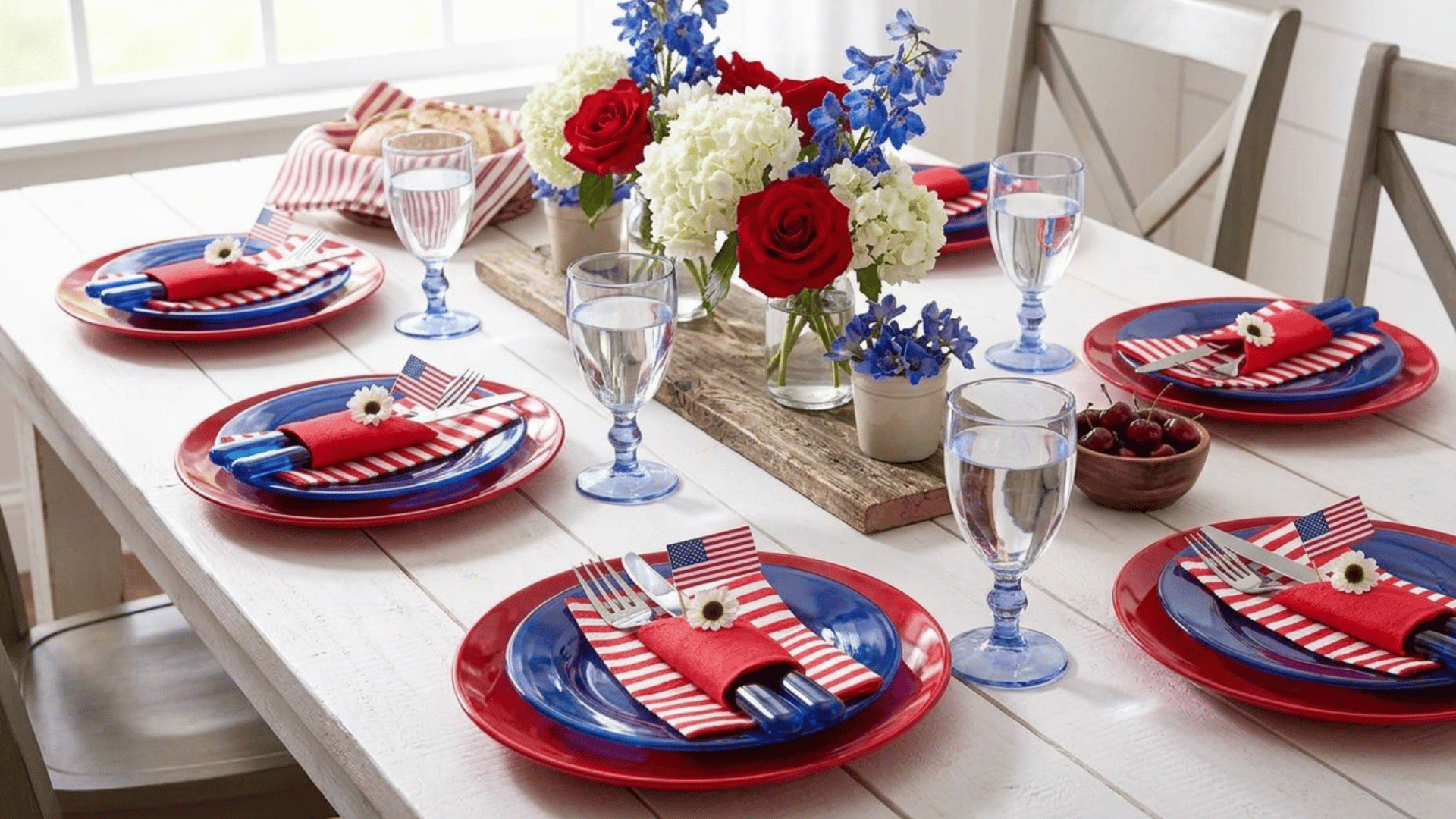 table with folded cutlery and red white blue napkin rings adding small patriotic detail