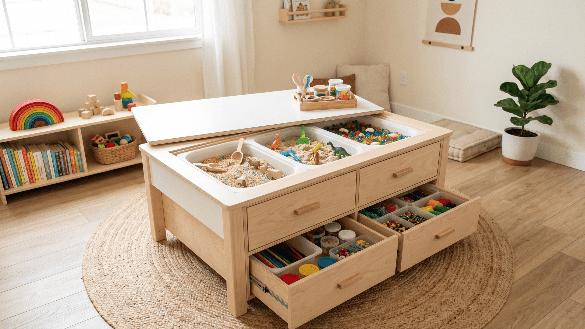 table with storage drawers underneath few sensory items on top floor mat below clean space soft natural light