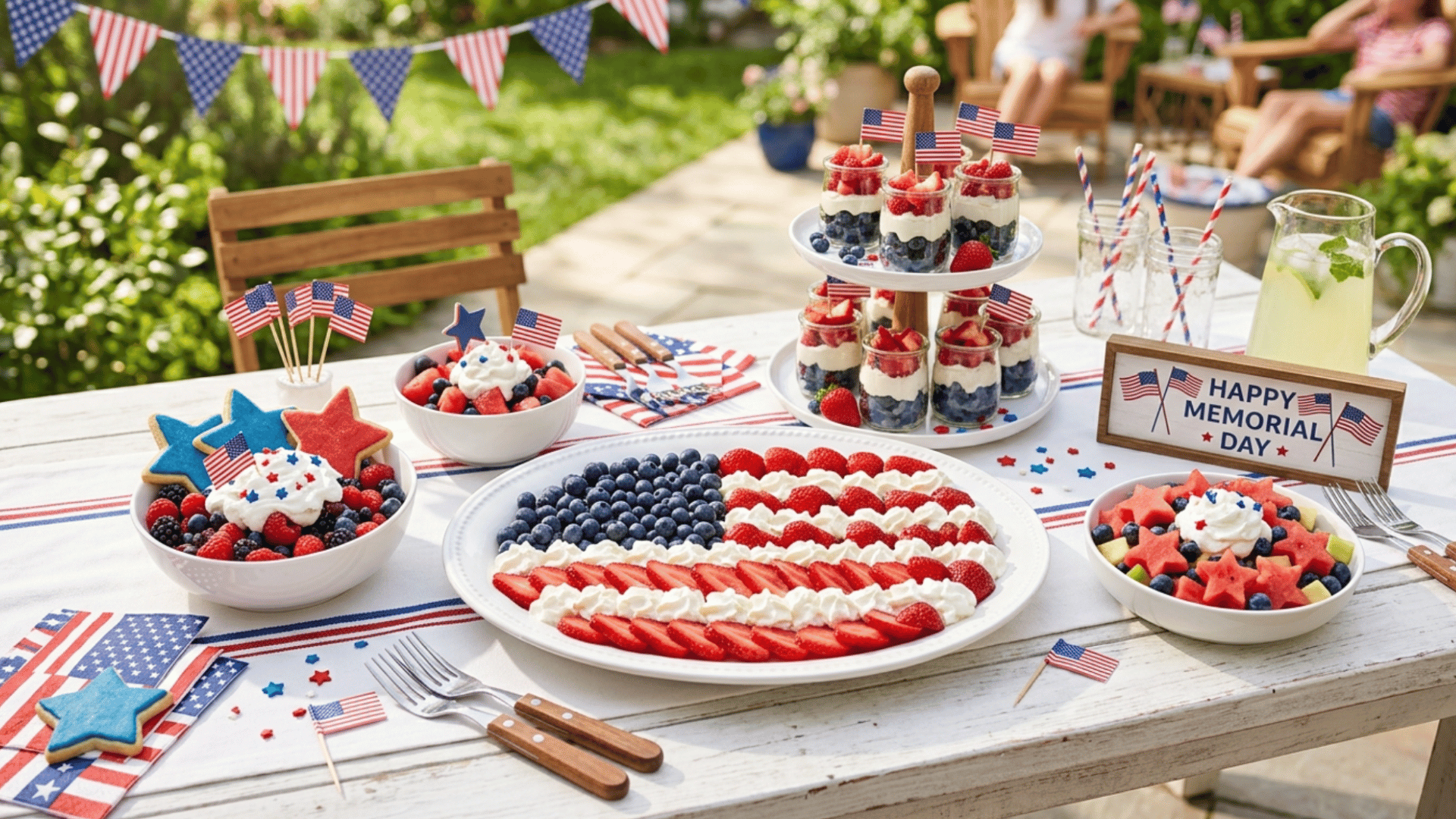 table with strawberries blueberries and white treats arranged in patriotic red white blue food display