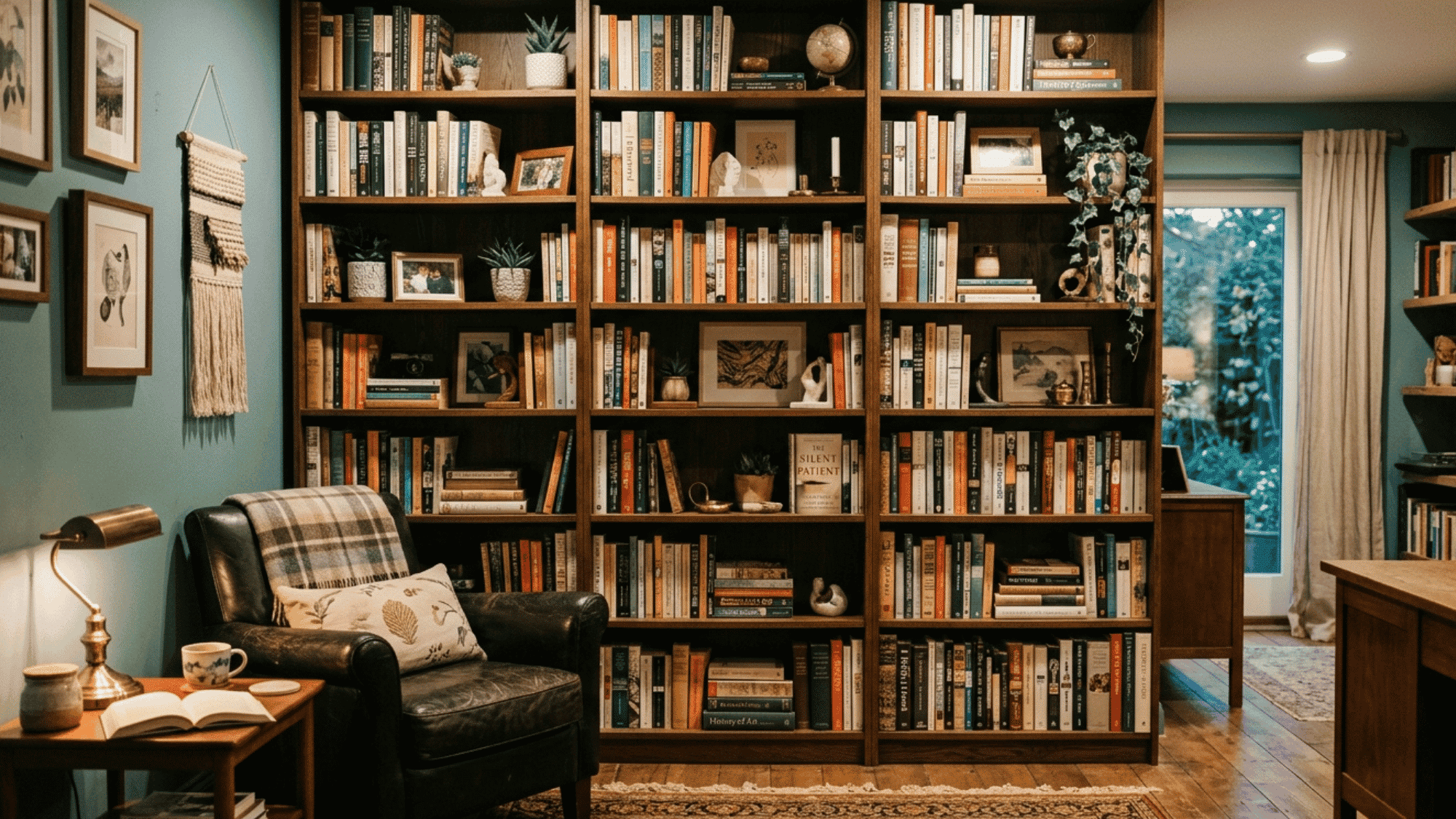 tall bookshelf filled with books placed against a wall to block and absorb sound.