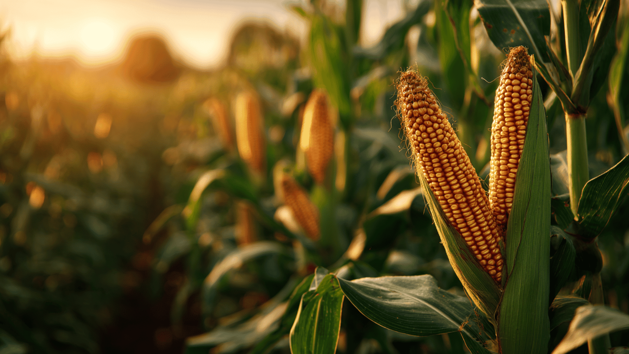 tall corn plants growing in sunny field with healthy green stalks and developing corn ears