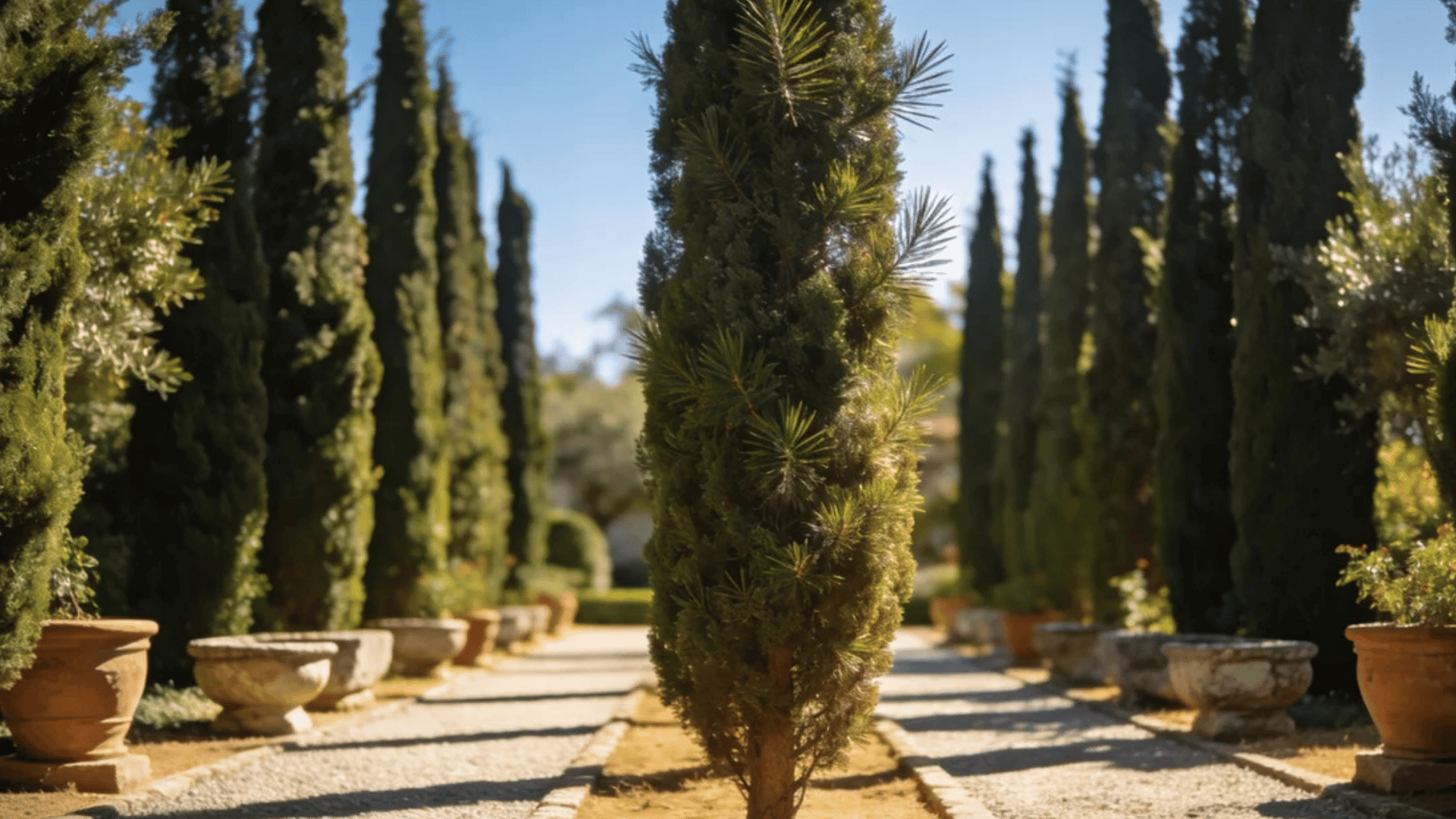 tall cypress trees lining a sunlit garden walkway with stone planters and gravel paths in a formal landscape