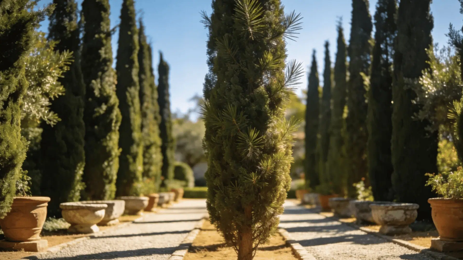 tall cypress trees lining a sunlit garden walkway with stone planters and gravel paths in a formal landscape