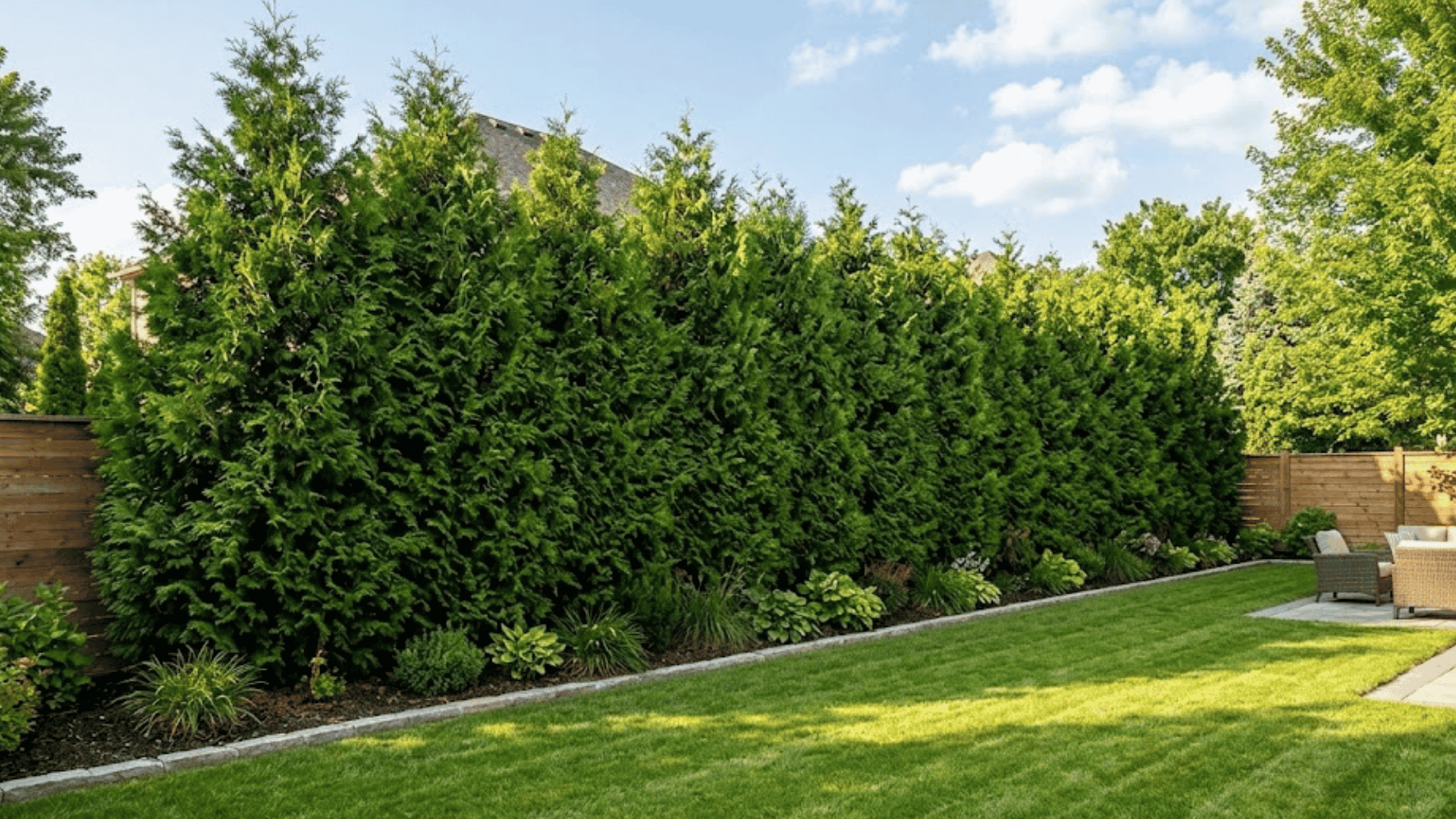 tall evergreen privacy trees lining a neatly landscaped backyard with green lawn and outdoor patio seating