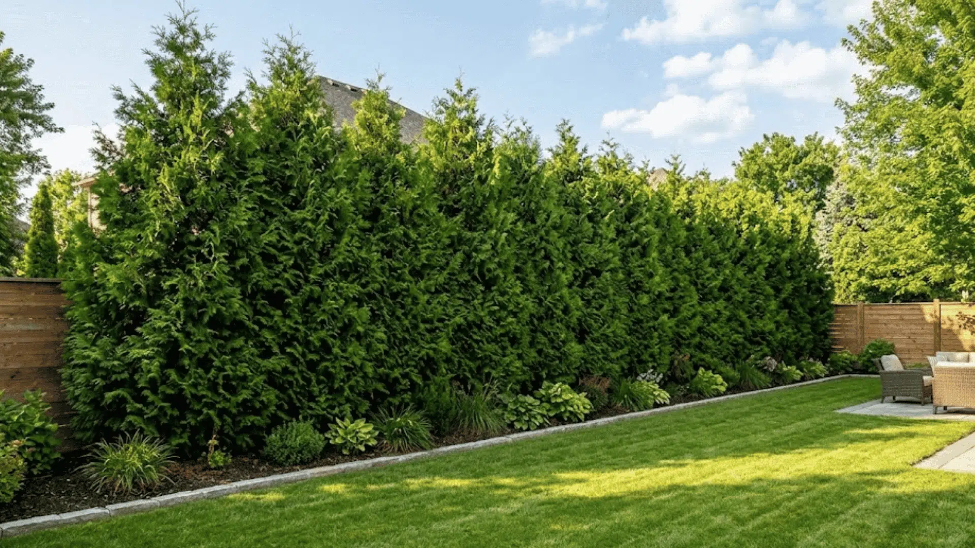 tall evergreen privacy trees lining a neatly landscaped backyard with green lawn and outdoor patio seating