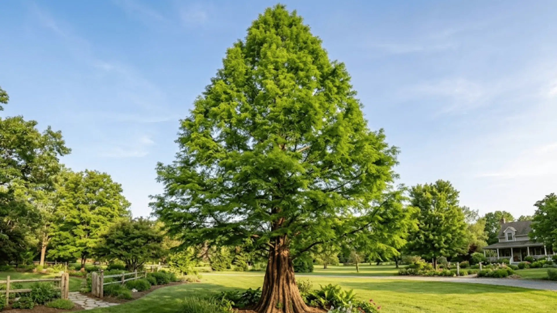 tall green cypress tree centered in a manicured lawn beside a landscaped garden and suburban home