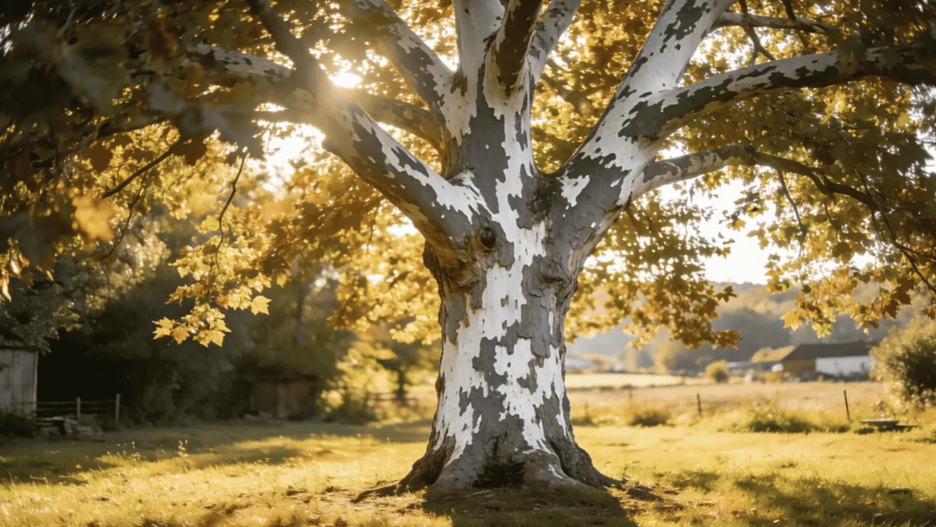 tall sycamore tree with white patterned bark standing in a golden sunlit field near rustic countryside buildings