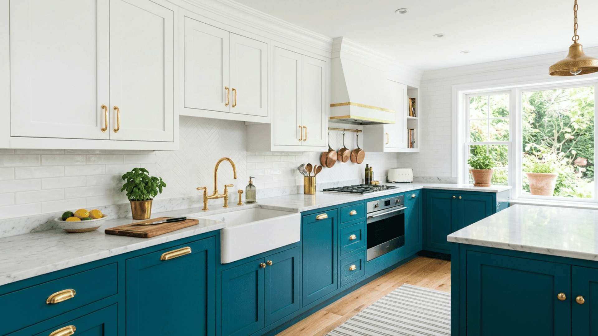 teal and white two tone kitchen cabinets with fresh contrast, bright natural light and modern design
