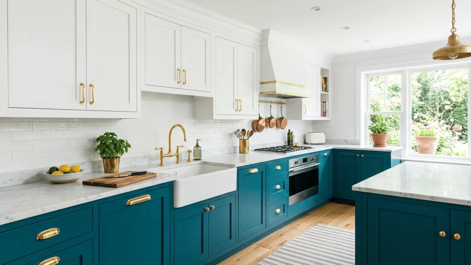 teal and white two tone kitchen cabinets with fresh contrast, bright natural light and modern design