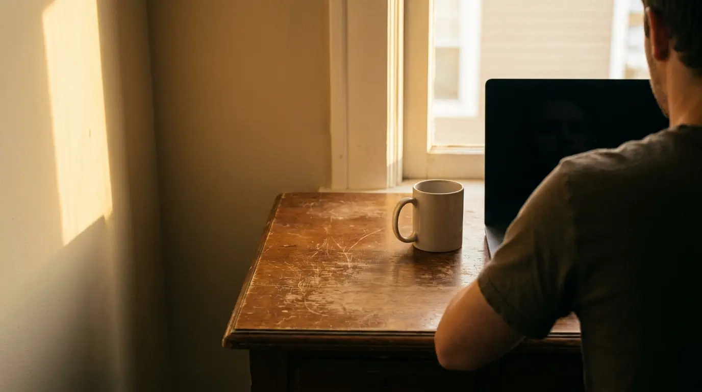 Person working on a laptop at wooden desk near a sunlit window