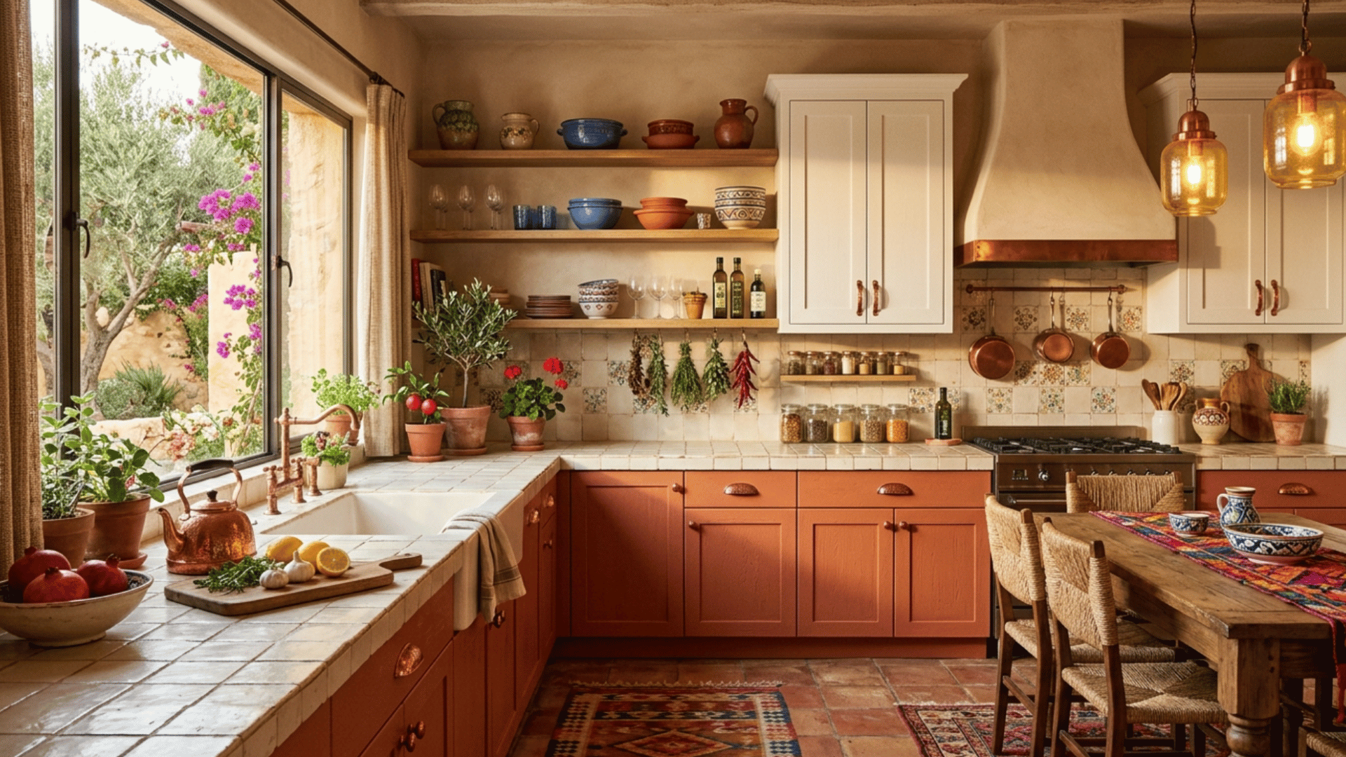 terracotta base cabinets with white uppers add earthy warmth to a bright inviting kitchen