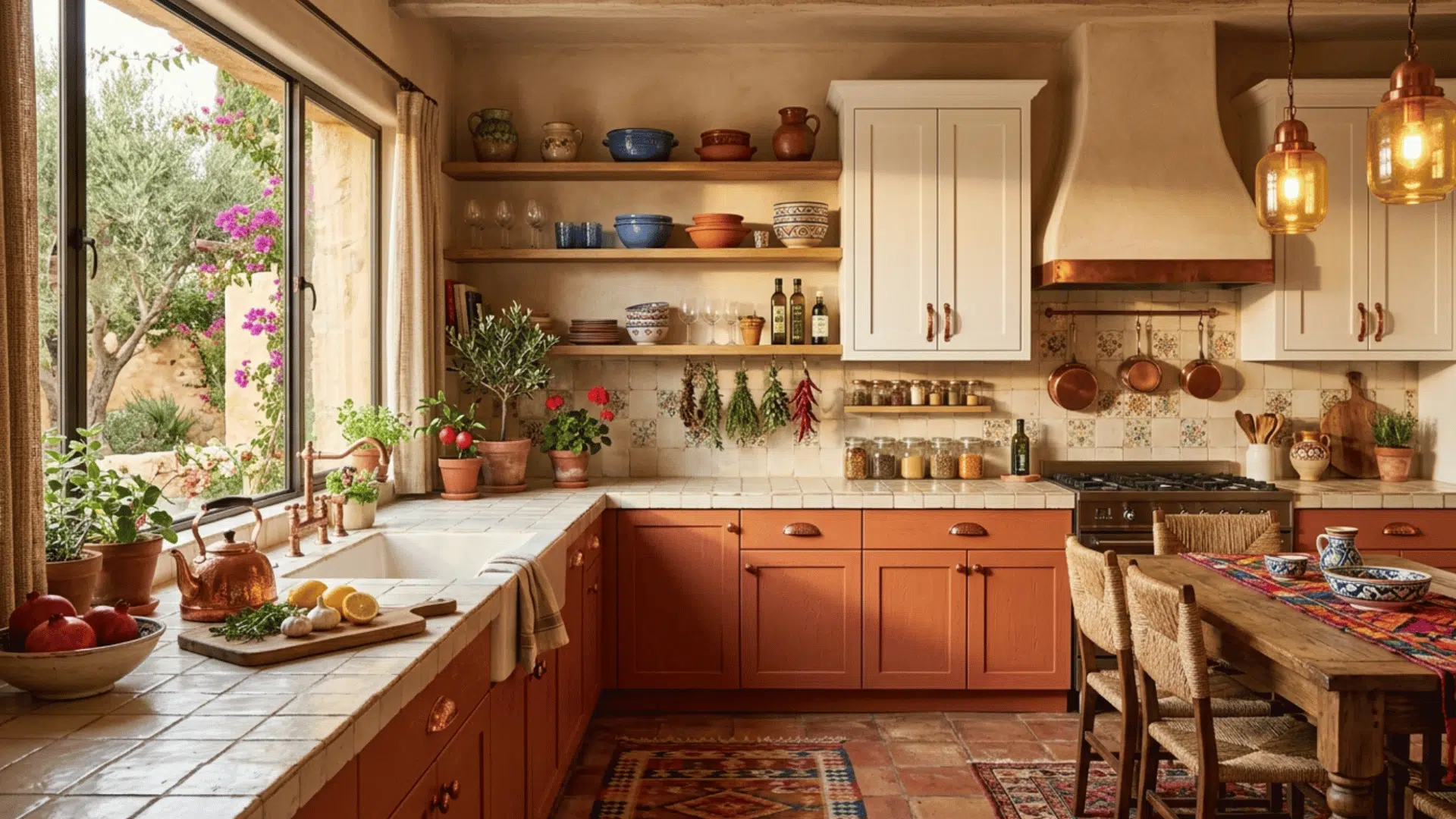 terracotta base cabinets with white uppers add earthy warmth to a bright inviting kitchen