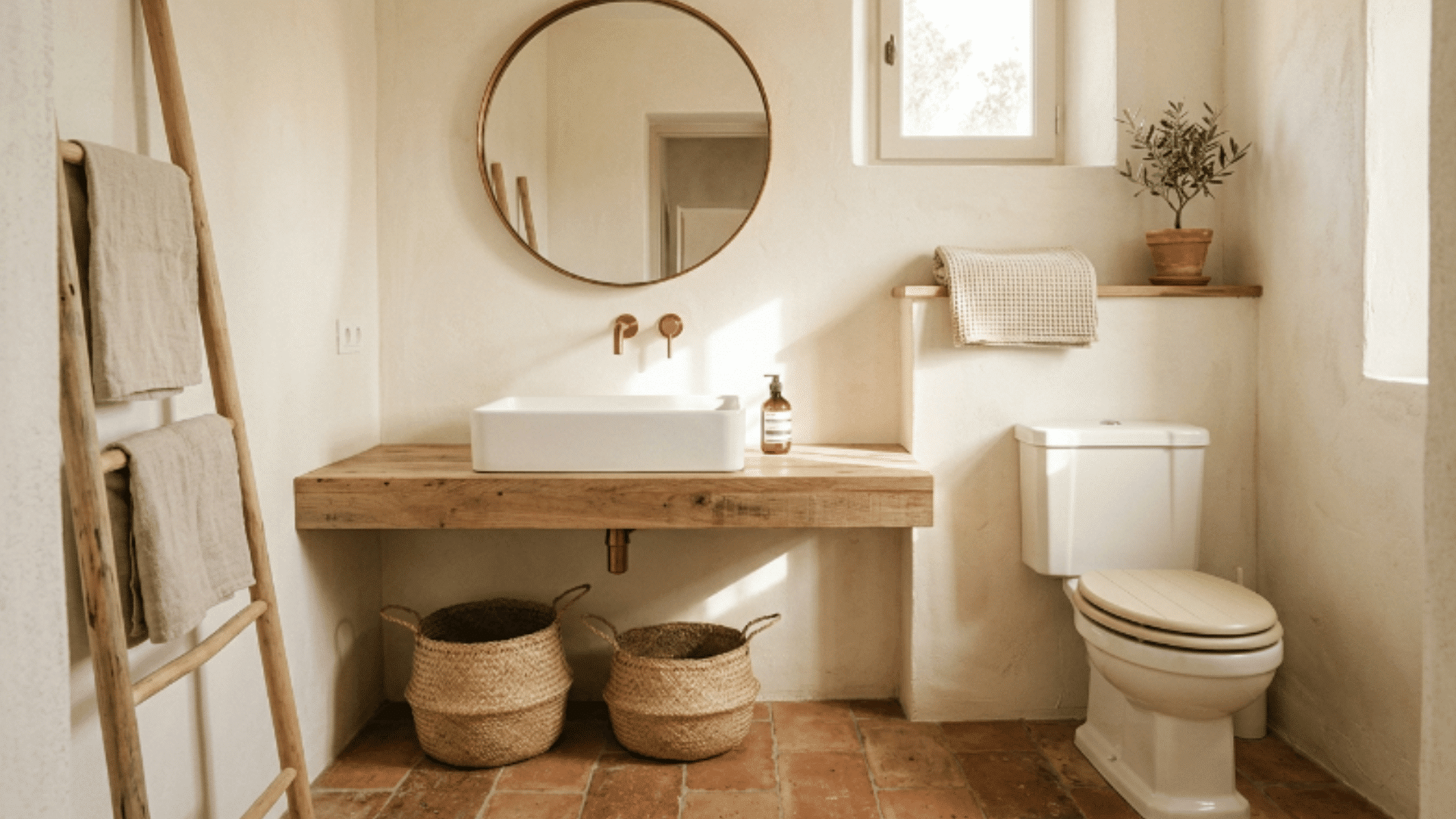 terracotta mediterranean guest bathroom with warm tones textured walls natural light front view (1)