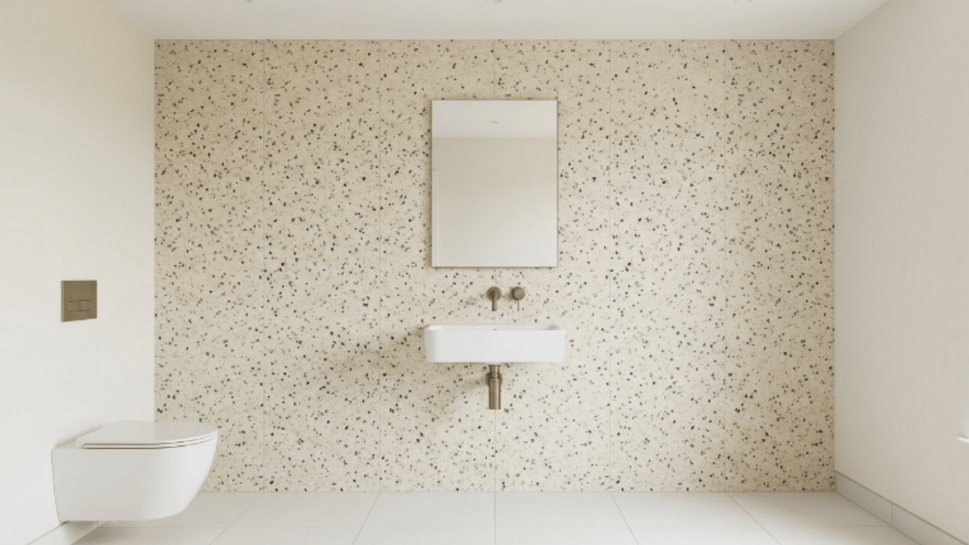terrazzo feature wall guest bathroom with white basin brass fixtures clean layout front view