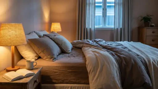 Cozy bedroom with beige linens and warm lamp lighting beside a wooden bedside table