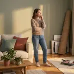 Person contemplating in a living room with paint cans and canvas near window